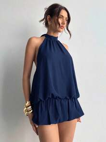 KIMW  Vestido casual de verano para mujer con cuello halter, unicolor y volantes en el bajo - Azul marino - Ver 8