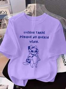 2026 New Spring Short Sleeve Crew Neck T-Shirt With Casual Spanish Style Cat Print, Summer White - 酒紅色 - View 1
