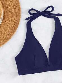 5HZN  Swim Conjunto de 3 piezas de bikini de unicolor con parte superior de cuello halter en V y Bottom triangular y braguitas para primavera/verano 2026 - Niebla azul - Ver 2
