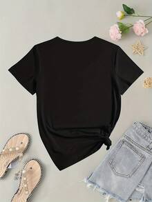 OversizeCamiseta de verano de manga corta, holgada y casual, con estampado de mariposas y gatos, de corte ajustado y bonita. - Negro - Ver 4