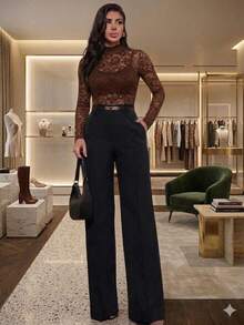 Elegant Sexy Printed Transparent Lace Tulle Bodysuit For Women, Fashion Blogger Style - Rust Brown - View 4