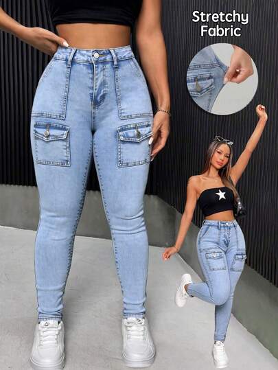 Pantalones de mezclilla skinny cargo lavado, elásticos, con múltiples bolsillos con botón, efecto levantador de glúteos, control abdominal y puños ajustados