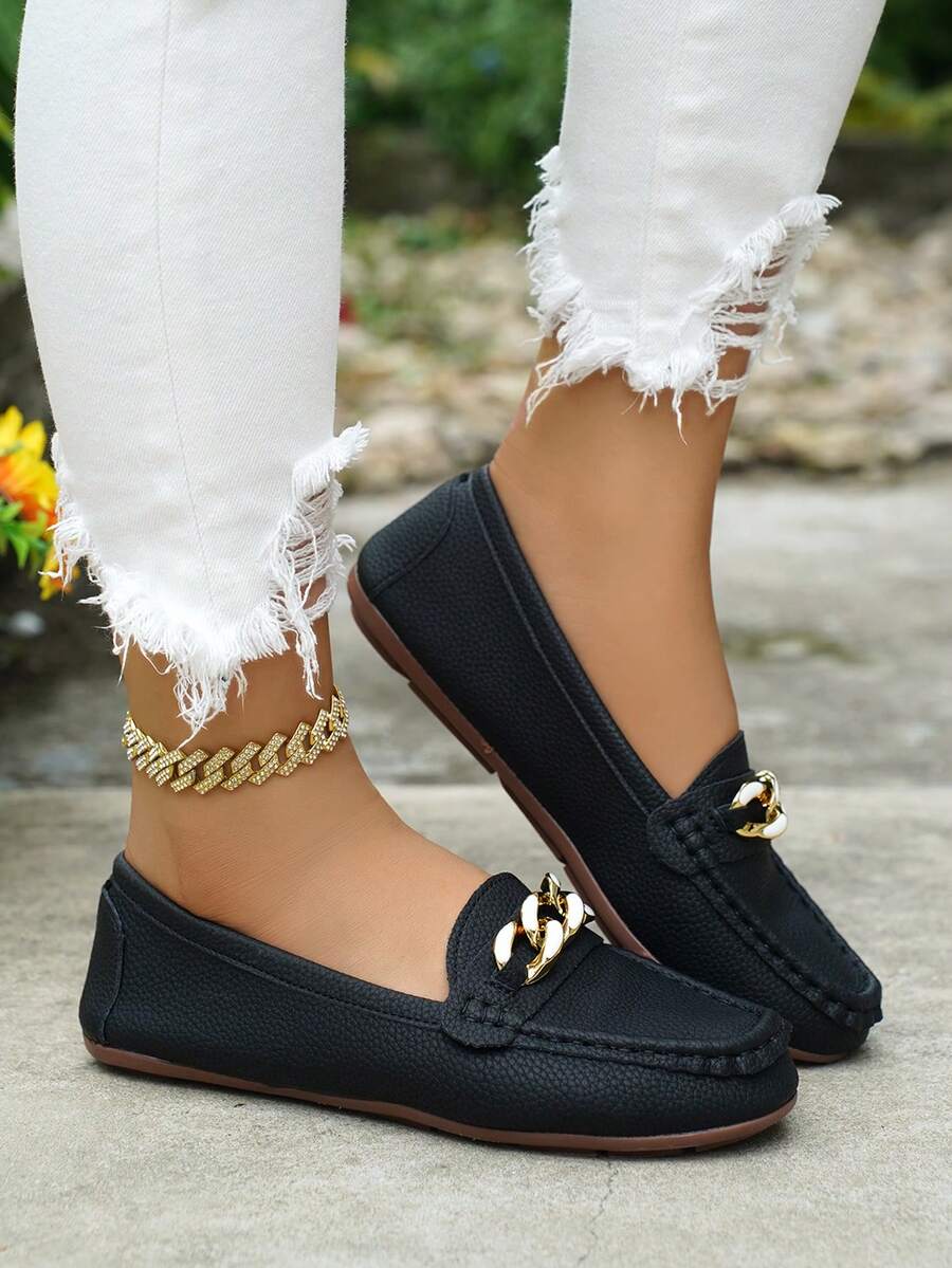 Women's Spring New Arrival Gold Chain Decor Slip-On Loafers, Light Weight Comfortable Versatile Rubber Flat Shoes - Black-two-tone - View 1