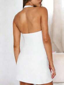 Vestido mini de línea A con escote halter y espalda descubierta, estilo casual Y2K para mujer, elegante rosa para fiesta de verano - Blanco - Ver 2