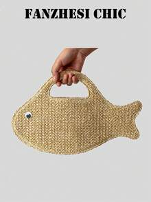 Natural Straw Woven Fish-Shaped Tote Handbag, Novelty Top Handle Beach Bag With 3D Eye Detail, Lightweight Casual Bag For Students & Office Ladies, Ideal For Beach Trips, Picnics & Daily Errands - Multicolor - View 5