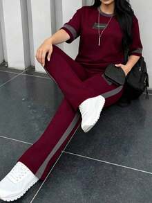 2 piezas Conjunto de camiseta de manga corta de cuello redondo y pantalones sueltos de cintura elástica para mujer, uso diario casual elegante de verano en color negro - Borgoña 199 - Ver 7