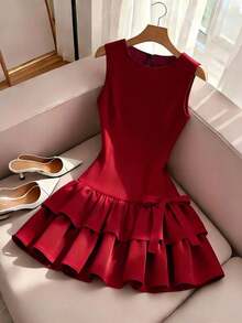 Vestido elegante sin mangas estilo francés, vestido con decoración de lazo rojo, adecuado para salidas diarias, citas, vacaciones - Rojo - Ver 3