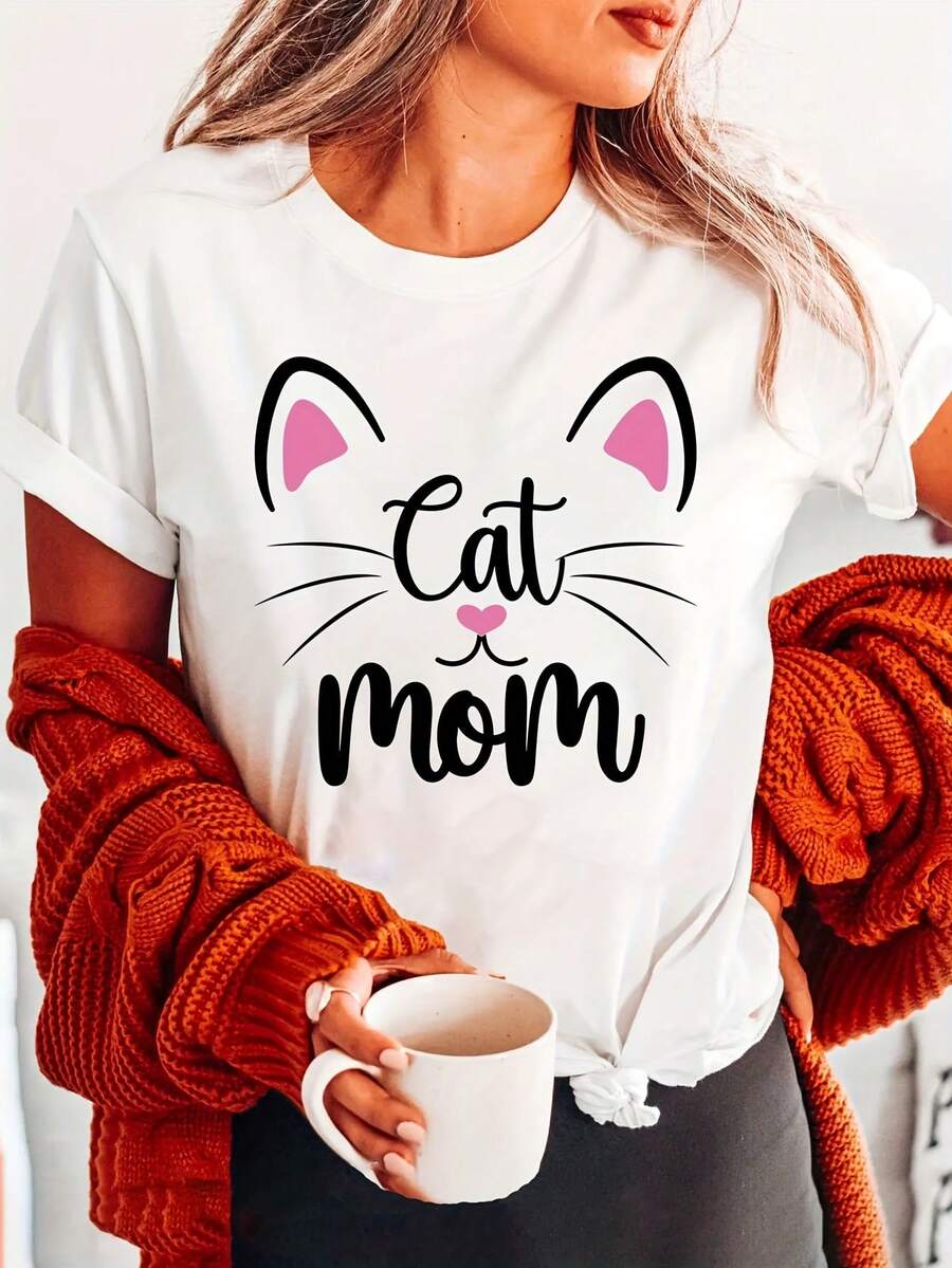 Limited Edition Lightweight And Breathable Cotton T-Shirt With Pink-Eared Cat Print And Lettering, Short Sleeves And Round Neck, Casual Style, Suitable For Spring And Summer, Women's Lightweight Cotton Clothing. - 白色 - 查看 1