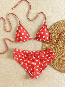 Nuevo conjunto de bikini con estampado de lunares sexy, espalda descubierta y lazo, con tirantes de espagueti para playa y piscina en vacaciones - Rojo - Ver 2
