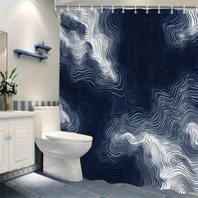1pc Abstract Blue Marble Shower Curtain - Hypnotic 3D Effect, Undulating Waves In White & Dark Blue, Navy Background, Machine Washable Polyester, 70.86x70.86 Inches, 12 Hooks, Bathroom Decor, Elegant Design, Smooth Texture - A - View 3