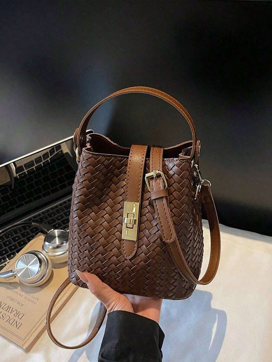 Q1SP Nueva bolsa de cubo con cordón de mujer de unicolor con textura tejida, bolso de mano y de hombro de moda