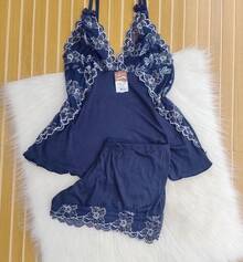 Baby Doll Suede PLUS SIZE Bicolor Pijama de Dormir Blusinha e Shortinho Confortável e Fresquinho - Azul Marinho - Visão 6