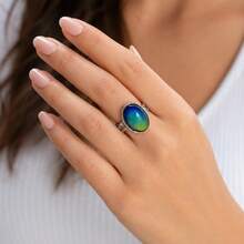 Mood Ring Emotion Body Temperature Changes Color Retro Oval Adjustable Women's - 無色 - 查看 3