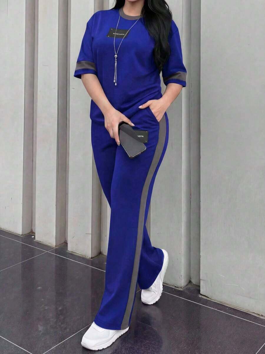 Conjunto de 2 piezas de camiseta de manga corta de cuello redondo y pantalones sueltos de cintura elástica para mujer, uso casual diario, elegante para primavera/otoño y verano - Azul 142 - Ver 1
