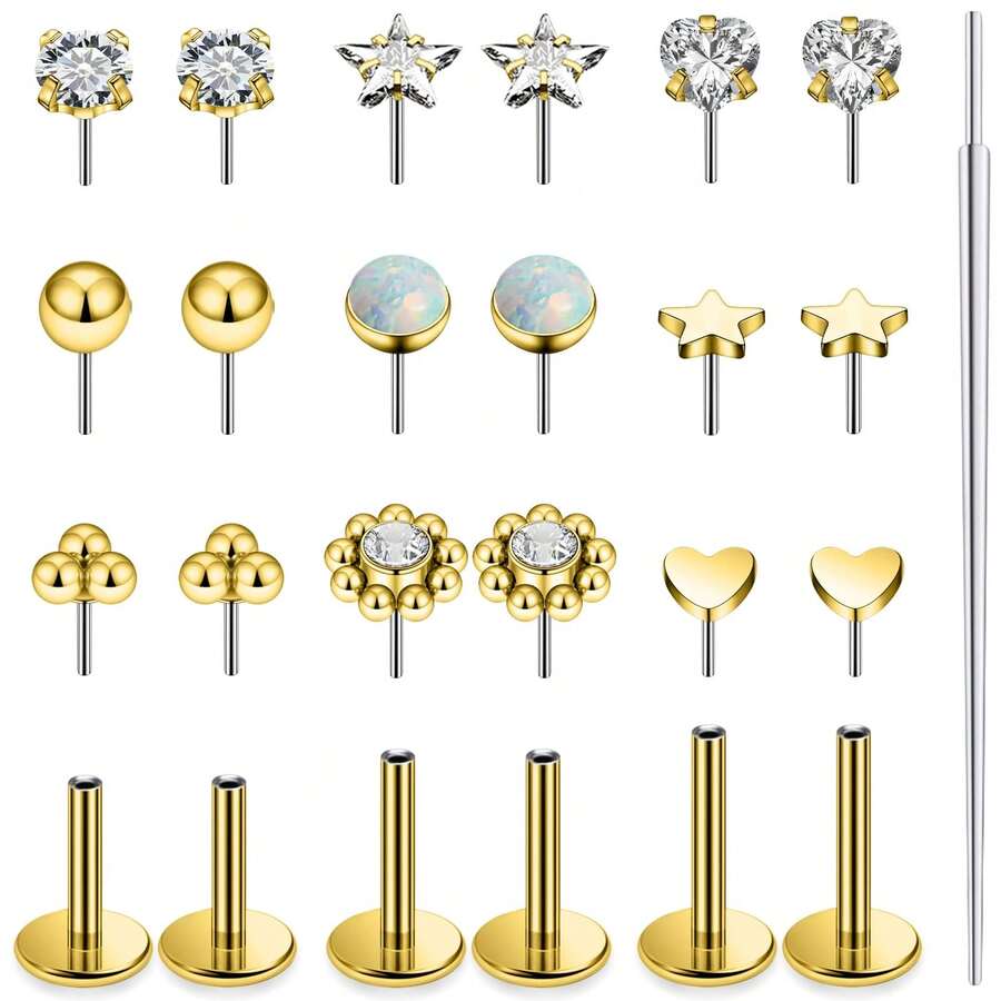 Khuyên tai không ren, mặt phẳng, cỡ 0G 18G 16G, chất liệu thép không gỉ, đính đá CZ trong suốt, kiểu bấm lỗ, thích hợp cho xỏ khuyên tai ở vành tai, xoắn tai, sụn tai, trang sức xỏ khuyên cho nữ. - Bạc - Xem 1