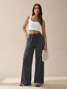 Tall Pantalones largos de mujer casuales de uso diario con estampado a rayas y estampados para primavera/verano - Negro - Ver 3
