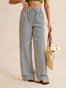 Tall Pantalones largos de mujer casuales de uso diario con estampado a rayas y estampados para primavera/verano - Negro 2 - Ver 5