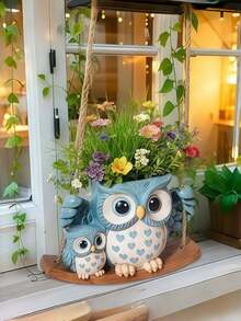 貓頭鷹造型吊掛花盆，適合室內植物，無需鑽孔，可愛樹脂材質，適合吊掛多肉植物、珍珠葛蘭或蘆薈，獨特的園藝禮物，適合母親與女性 - 彩色 - 查看 5