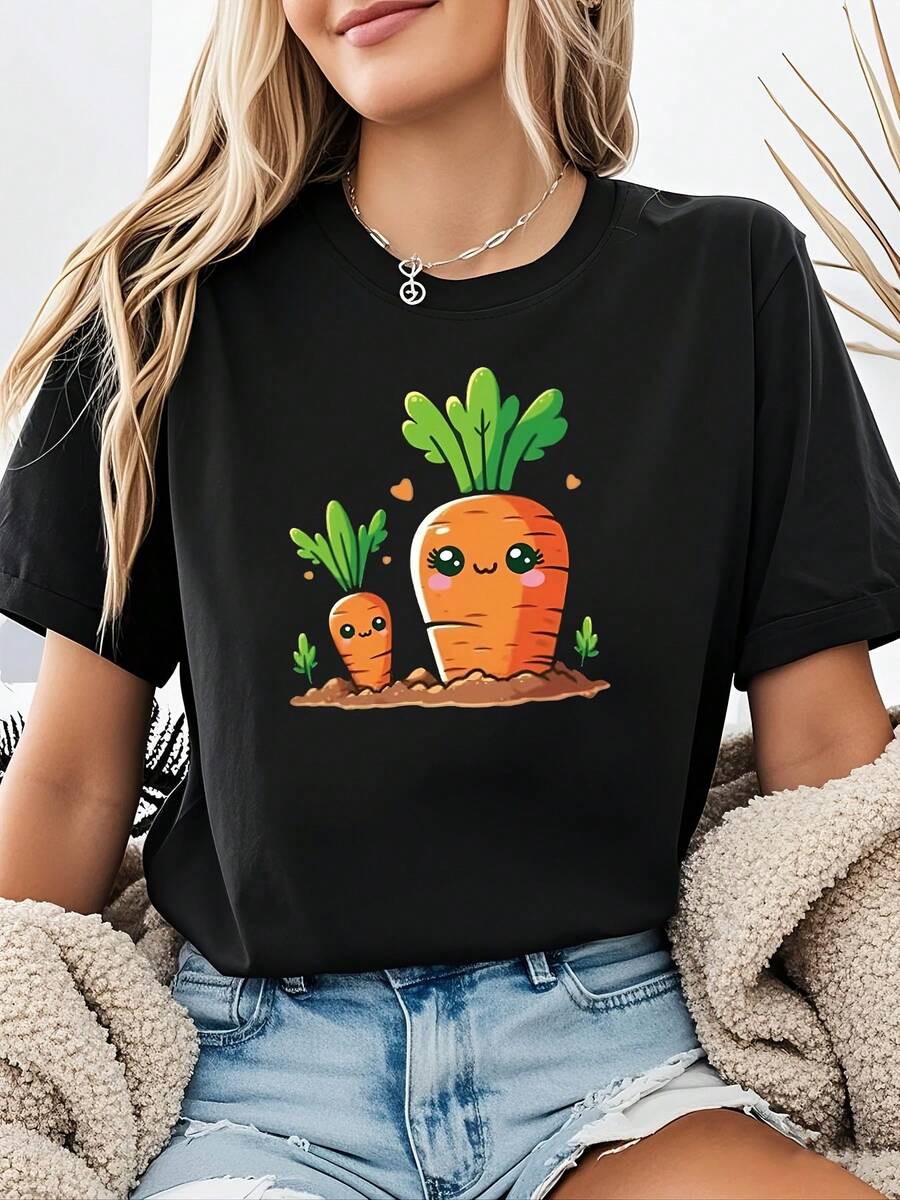 Women's Spring-Summer Crew Neck T-Shirt, Casual Style, Cartoon Carrot Print, Soft And Cute, Plus Size, Cheerful, Suitable For Going Out, Outdoor Activities, Going To Work, Versatile And Stylish. - Black - View 1