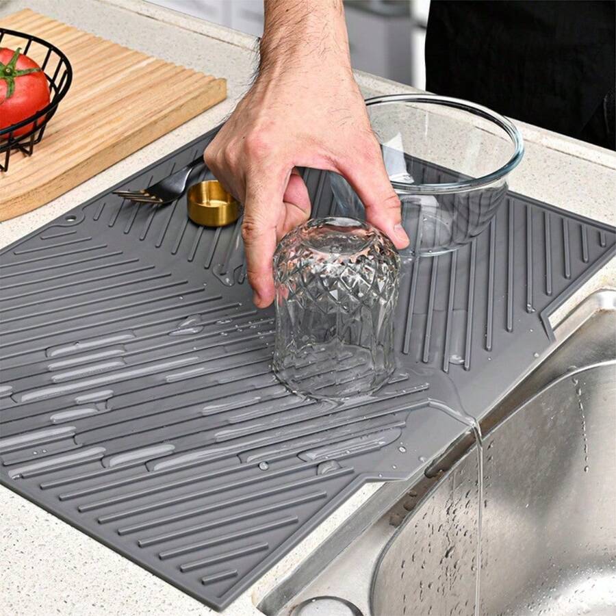 1件装多功能厨房沥水垫 - 防滑、速干、耐热橡胶垫,适用于餐具、器皿和杯子 - 灰色,控水设计,适用于台面和吧台,厨房沥水垫 | 橡胶沥水垫 | 100% 橡胶覆盖 - 灰色 - 查看 1