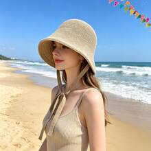 1 Piece Of Women's Crochet Bucket Hat, Fashionable Neck Strap Fisherman Hat, Breathable And Lightweight Summer Beach Travel Hat - Beige - View 7