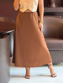 Women's Elegant Casual Satin Midi Skirt - 摩卡棕 - 查看 2