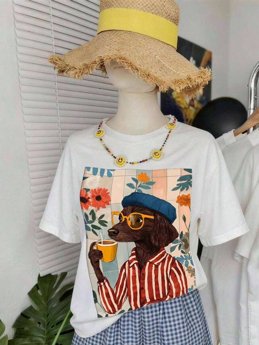 Niche Design Resyla Women's Loose Fit Short Sleeve White T-Shirt, Floral White And Blue, Summer, Casual, City Break, Retro Preppy Style With Red And Blue Stripes And Co Print - 白色 11 - 查看 1