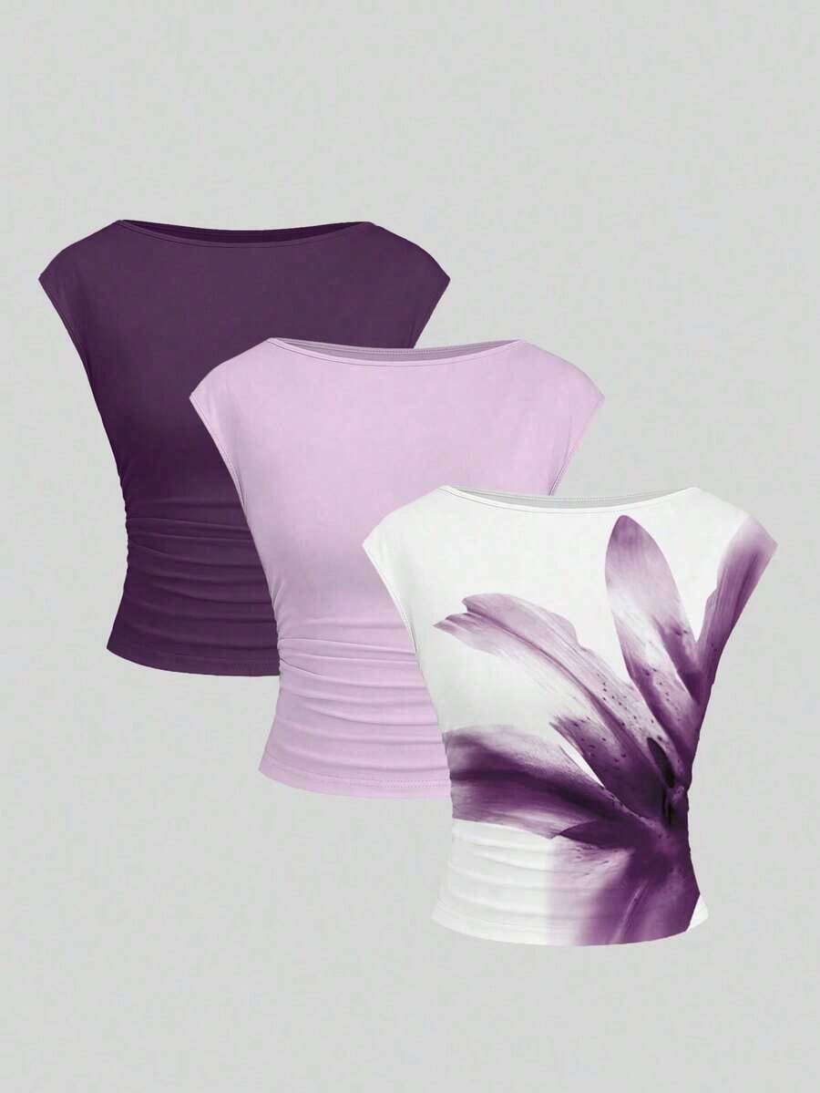 Set de 3 blusas/camisetas ajustadas para mujer con espalda descubierta, transpirables y de secado rápido - Multicolor 6 - Ver 1