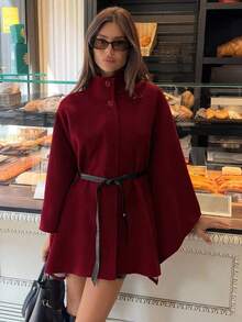 Abrigo de lana con cuello alto, mangas de murciélago, cintura ceñida para mujer en otoño/invierno - Burdeos - Ver 8