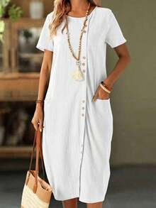 Faunlyn Vestido de bolsillo doble con botones frontales de unicolor para vacaciones casual - Blanco - Ver 3