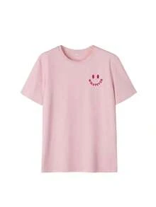 Nueva camiseta de manga corta para mujer con cuello redondo y estampado de "WHATEVER" y una sonrisa, estilo veraniego, versátil y a la moda, adecuada para el uso diario de las mujeres y para las vacaciones de primavera. - Caqui - Ver 4