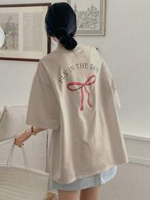 Women's Loose-Fitting, Casual Summer T-Shirt With Letter Print, Bow Detail, Round Neck, And Drop Sleeves. Cute, Oversized Graphic Tee. Y2K Style,  Style, New For 2026, Cute Style, Casual Style. 180g (Sizes S-XXXL) - 杏 - 查看 9