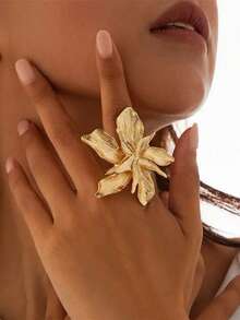 1 pieza Anillo abierto con forma de flor de 5 pétalos, minimalista y versátil, elegante y de moda, adecuado para que las mujeres lo usen en cualquier lugar - Dorado - Ver 3