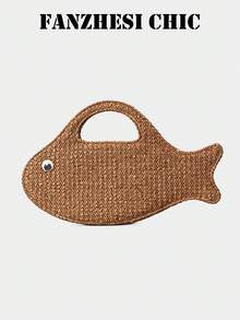 Natural Straw Woven Fish-Shaped Tote Handbag, Novelty Top Handle Beach Bag With 3D Eye Detail, Lightweight Casual Bag For Students & Office Ladies, Ideal For Beach Trips, Picnics & Daily Errands - Multicolor - View 7