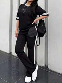 Conjunto de 2 piezas de camiseta de manga corta de cuello redondo y pantalones sueltos de cintura elástica para mujer, uso casual diario, elegante para primavera/otoño y verano - Blanco y Negro - Ver 5