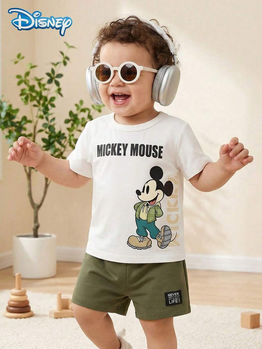 Disney 迪士尼夏季男婴米奇时尚街头字母印花可爱短袖T恤和短裤套装,卡通图案,弹力面料,适合新生儿日常穿着 - 軍綠色 - 查看 1