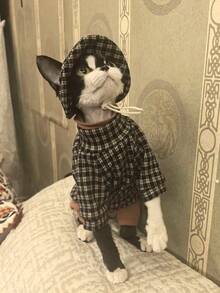 英伦风格子猫咪套装，上衣+帽子设计，斯芬克斯猫服装，时尚街头服饰 - 黑色 - 查看 2
