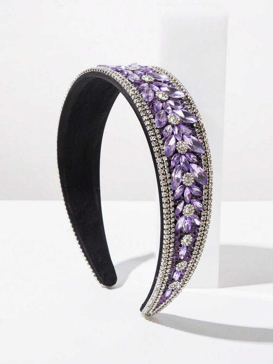 1pc Vintage Luxurious Rhinestone Headband, Wide Purple Handcrafted Hair Accessory Suitable For Women To Attend Balls And Parties As Shiny Decor - FG593 Purple - View 1