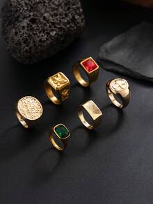 Bộ 6 chiếc nhẫn đá quý acrylic phong cách retro punk phóng khoáng, trang sức nam. - Vàng - Xem 6