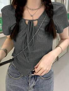 女款不對稱休閒短袖T恤，灰色夏季款 - 深灰色 - 查看 3