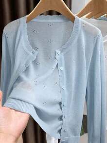 Cárdigan de punto ligero para mujer, de manga larga, informal y transpirable, para primavera/verano - Niebla azul - Ver 1