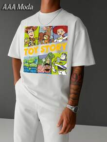 Men's Toy Story Character Grid Printed Cotton T-Shirt, Nostalgic Disney Casual Round Neck T-Shirt, 2026 Summer Knitted Cotton Round Neck Short Sleeve - trắng - Xem 2