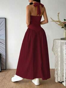 Vestido con escote en V profundo, estilo sexy halter, empalmado con pliegues en la cintura - Rojo - Ver 2