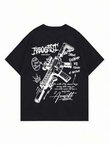 Camiseta de manga corta de cuello redondo con estampado de arma y texto en inglés para hombre, de corte holgado y casual.Diseño exquisito, esencial para el verano, fácil de combinar - Negro - Ver 4
