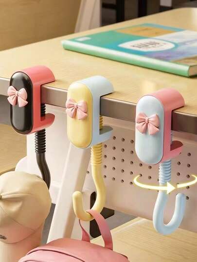 Multifunctional Bow Decor Backpack Hook, Adjustable, No Drilling Required, Suitable For Student Desks, Desk Edges, Multi-Purpose Hanging Bag, Anti-Collision, Can Be Hung Anywhere, With Single Load-Bearing Hook, Suitable For School And Dormitory, Home Hooks, Also Suitable For Kitchen, Can Hang Hats, Keychains, Etc., Multi-Scenario Applicable, Easy To Install And Disassemble, Kitchen Hook