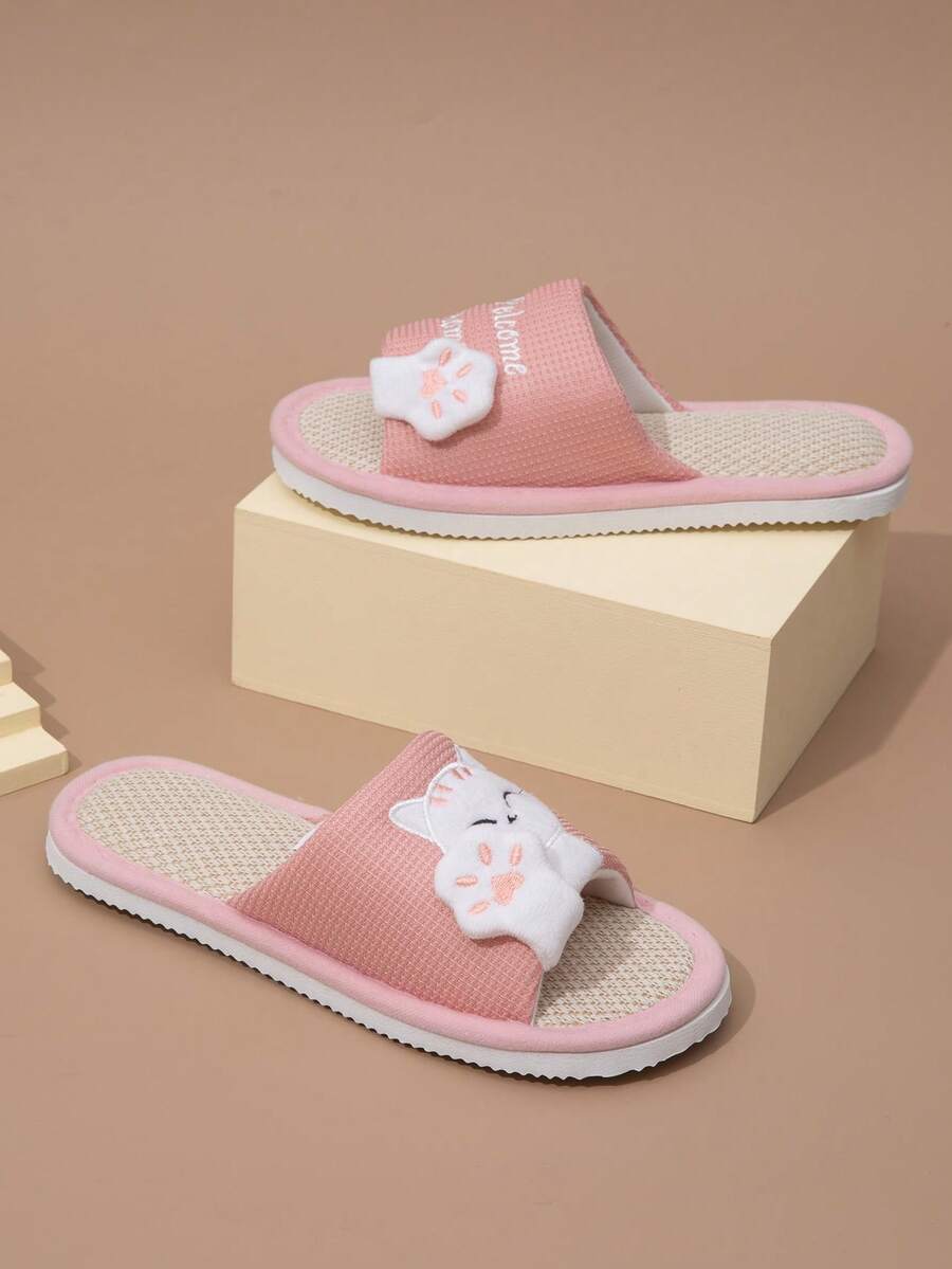 Women's Open Toe Home Slippers, Embroidered Lucky Cat Fashion Cute Animal Slide Sandals, Lightweight And Comfortable - Pink - View 1