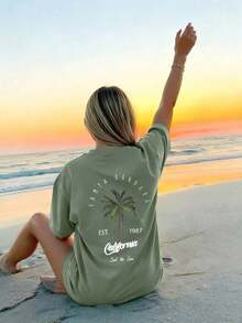 Compatible With Women's Holiday-Style Short-Sleeved T-Shirts, With Round Neck, Palm Tree Print And Lettering, In White, Pink And Black For Summer. - Grass Green - View 7