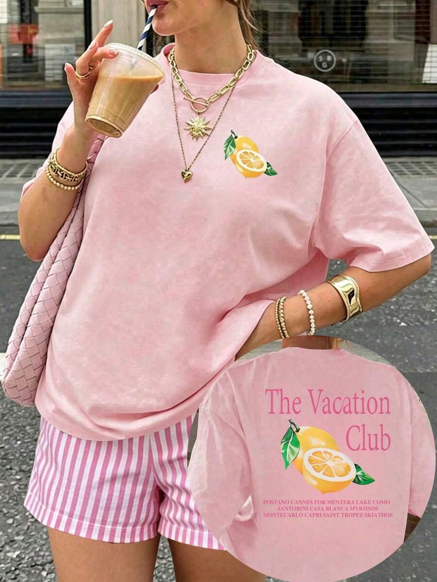 2pcs Plus Size Women's Casual Magenta Lemon Pattern Back Design Crew Neck Short Sleeve T-Shirt Set, Spring/Summer Pink Elegant - Baby Pink - View 1