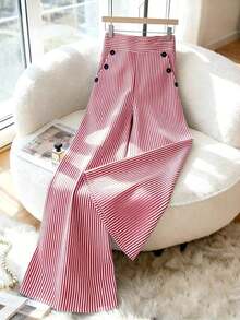 Nuevos pantalones de estilo coreano de primavera/verano, minimalistas y elegantes, de lino a rayas azul y blanco, de cintura alta, estilizadores, de pierna recta y sueltos, informales para mujer - Rojo - Ver 12