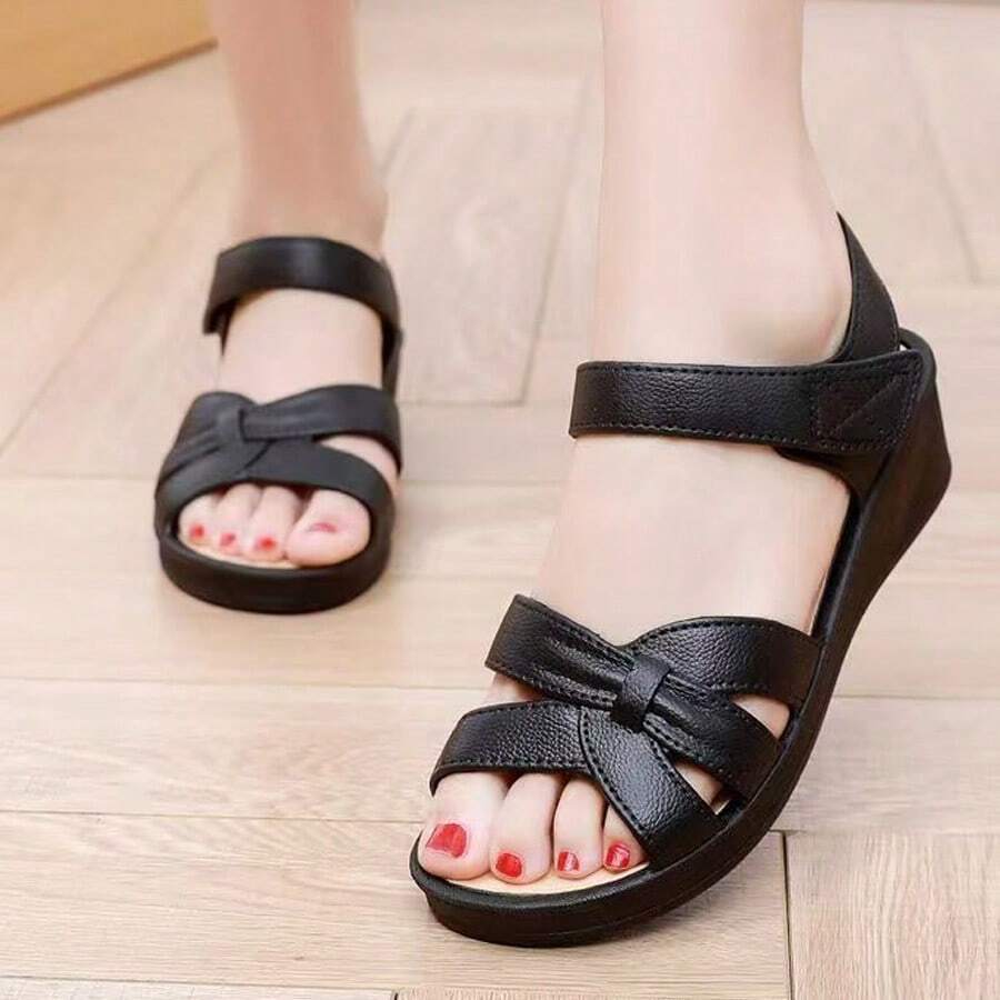 Women's Summer Sandals - Casual Solid Color, Breathable Hollow Design, Hook And Loop Closure, Flat Heel Beach Shoes, Multifunctional Flat Sandals | Comfortable Fit